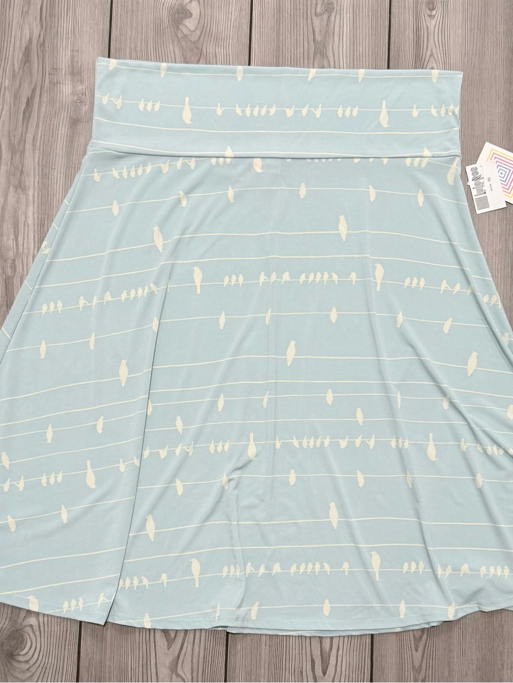 LuLaRoe Light Blue Skirt with Cream Bird Silhouette Print Plus Size
